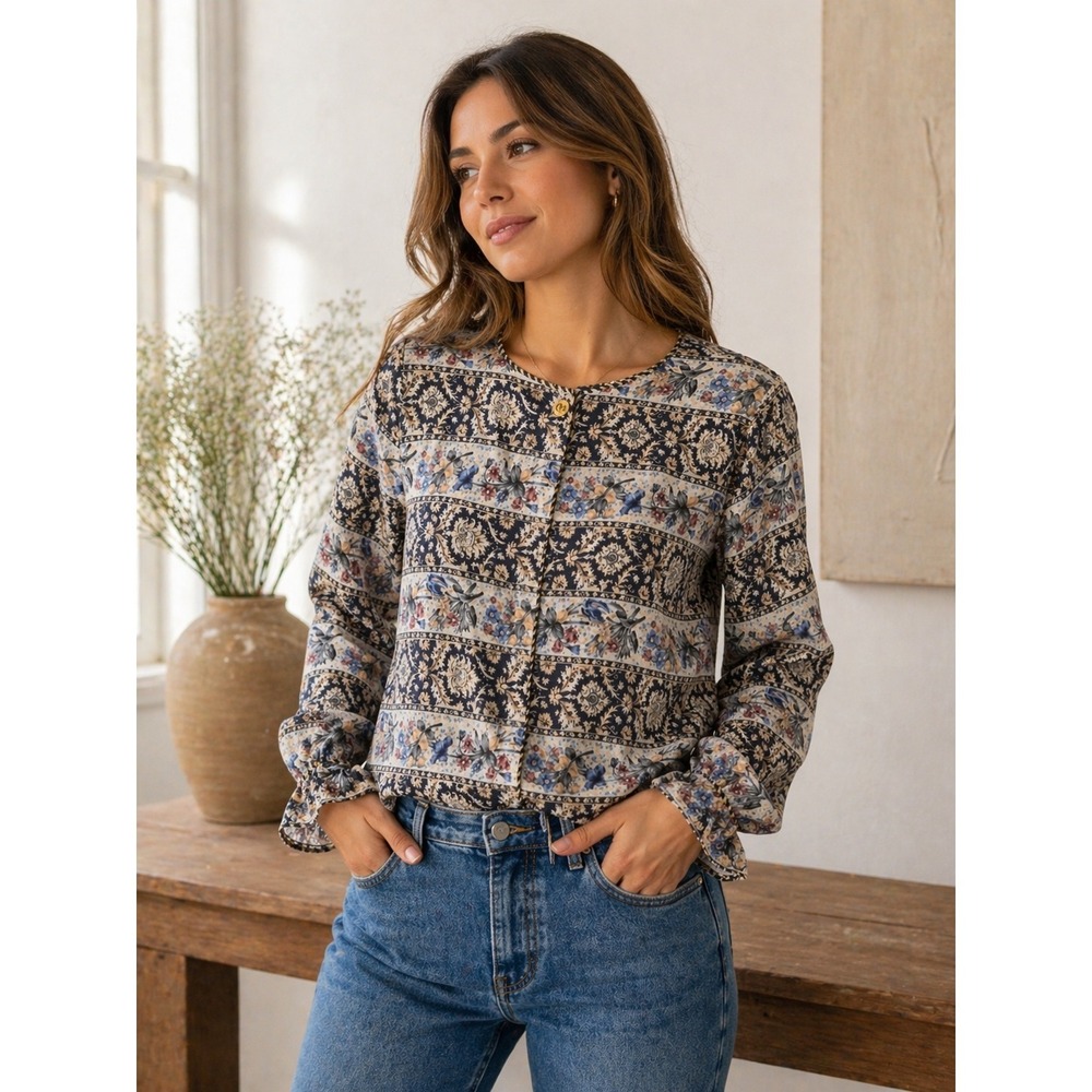 Women's Vintage Floral Paisley Blouse Boho Long Sleeve‎ Button Front Retro Top
